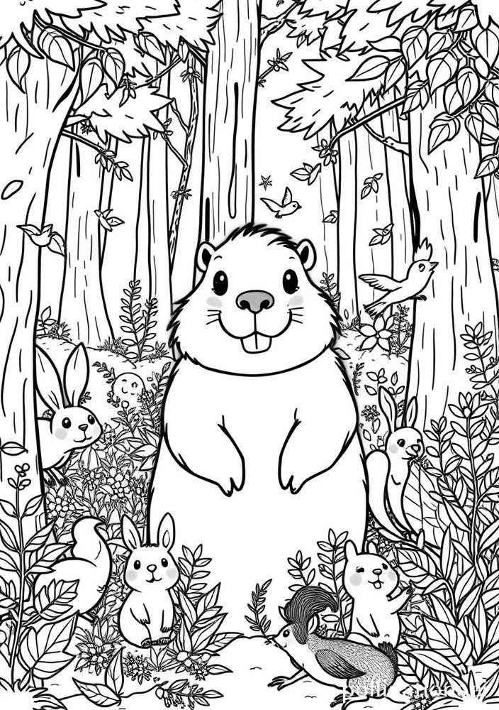 Capivara e seus amigos na floresta para colorir