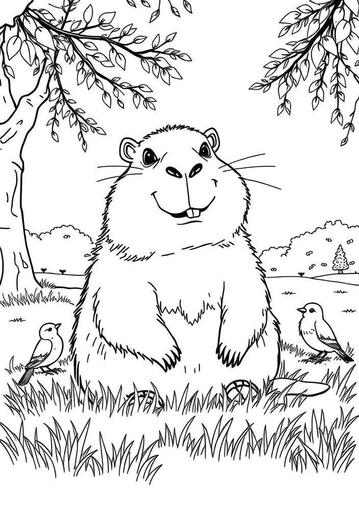 Capivara no parque com amigos para colorir