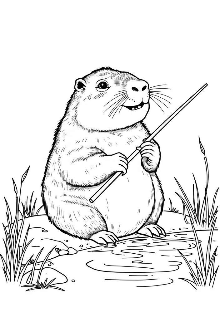 Capivara pescando no rio para colorir