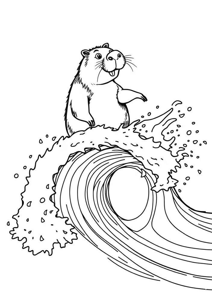 Capivara surfando na onda para colorir