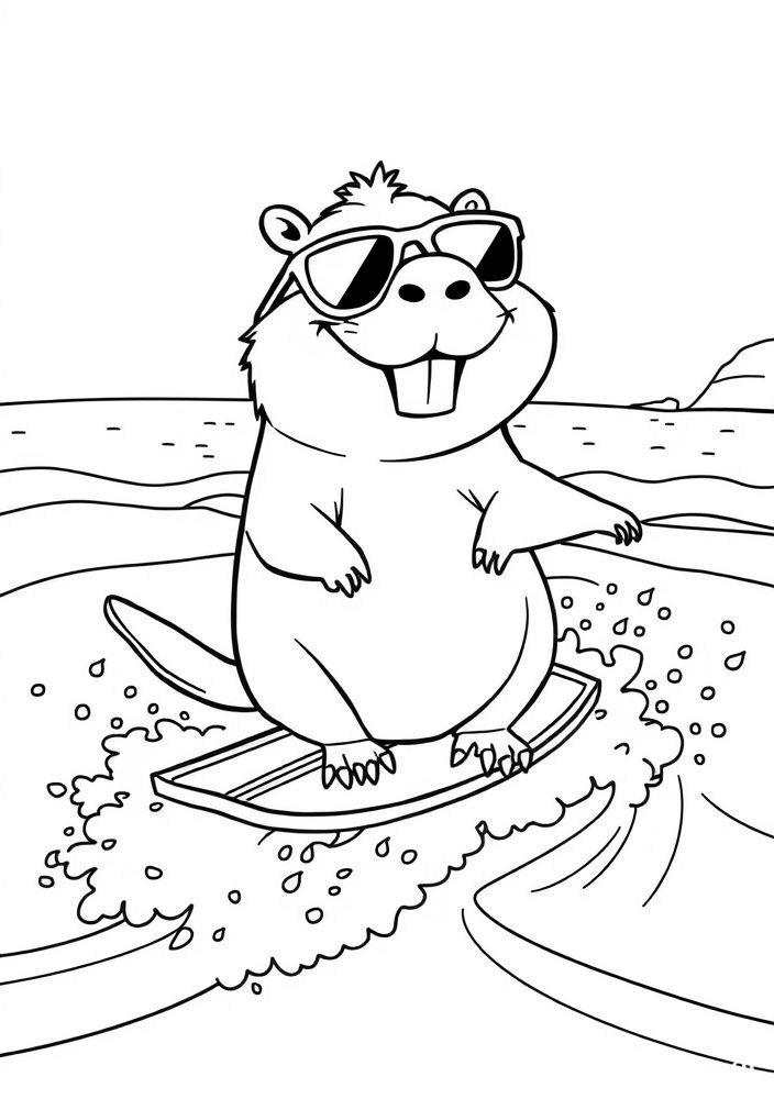 Capivara surfando na praia para colorir