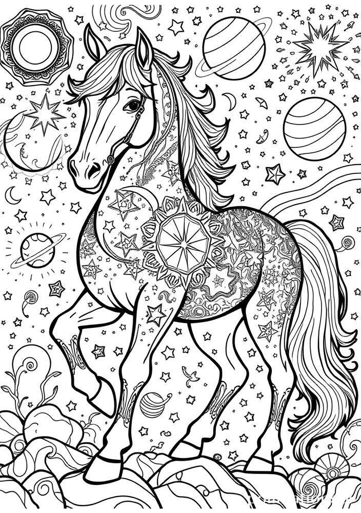 Cavalo com Sinais de Estrelas e Mês para Colorir