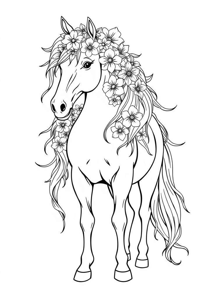 Cavalo com flor na crina para colorir