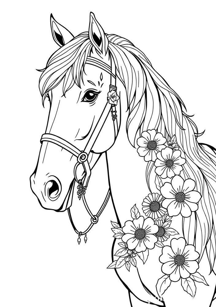 Cavalo com uma Rédeas Floridas para colorir