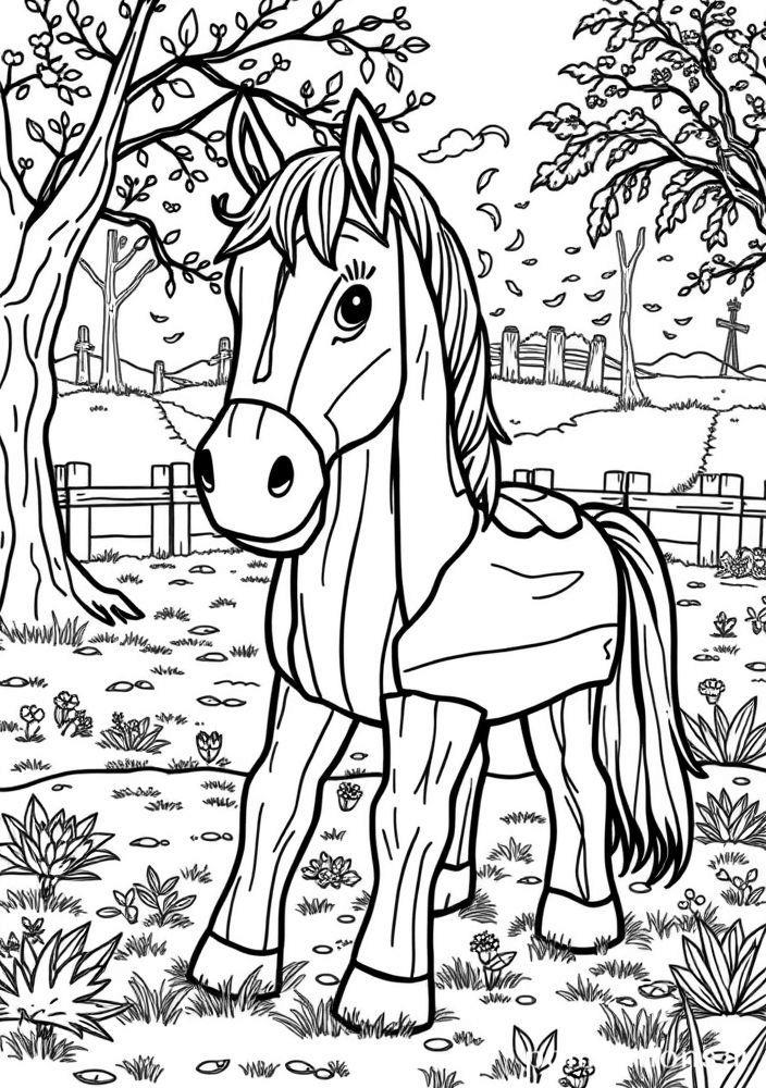 Cavalo de Madeira em um Parque para Colorir