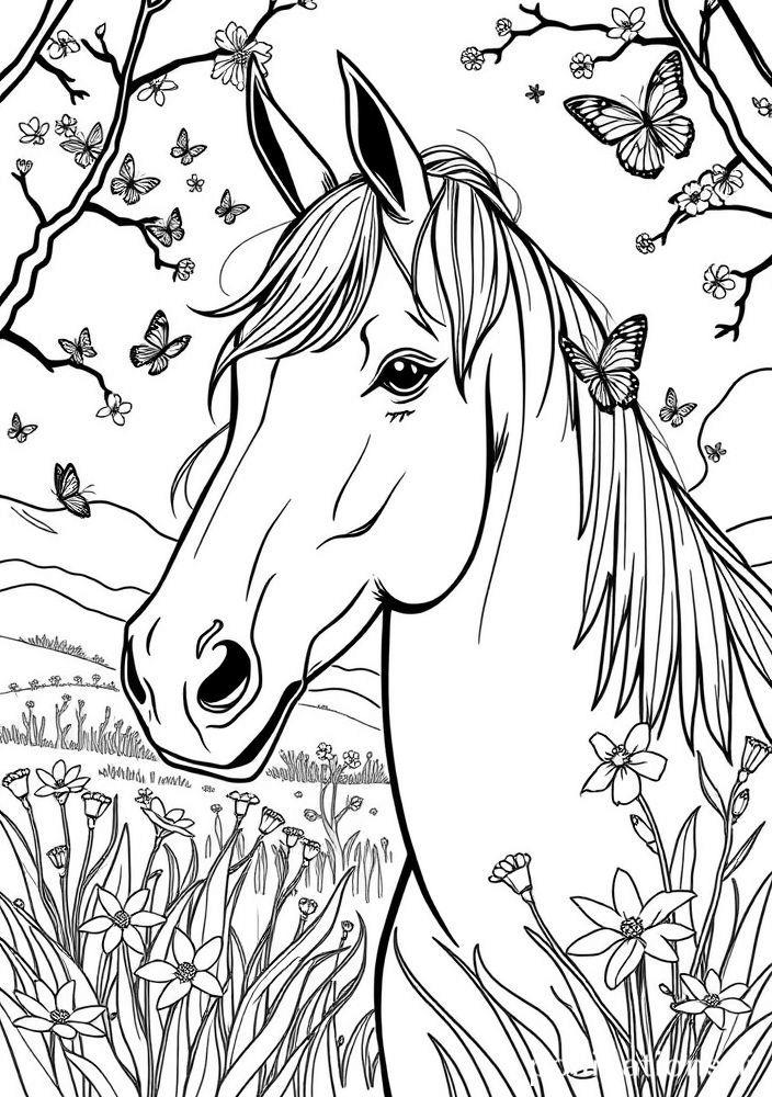 Cavalo e Borboletas em um Dia de Primavera para Colorir
