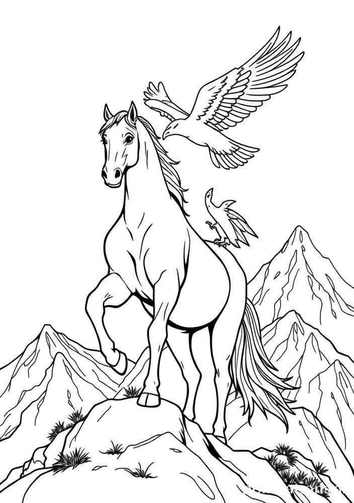 Cavalo e Falcão em Cima da Montanha para colorir