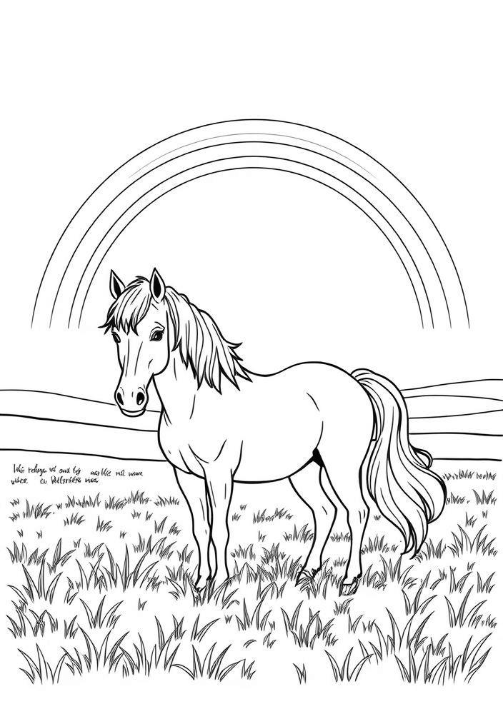 Cavalo em um campo com arco-íris para colorir