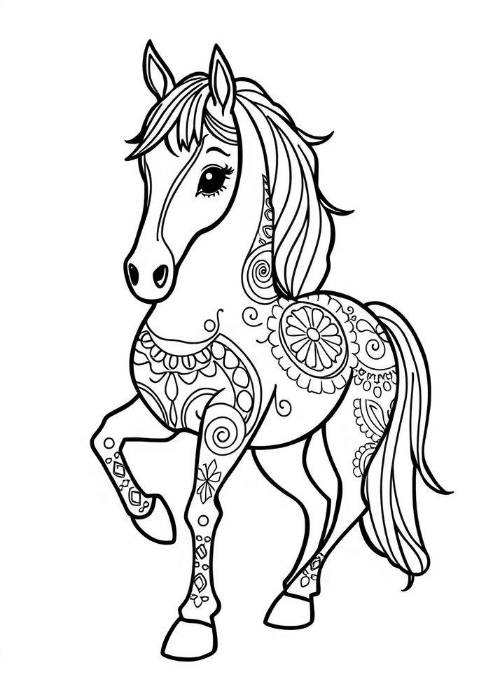 Cavalo estilizado com padrões para colorir