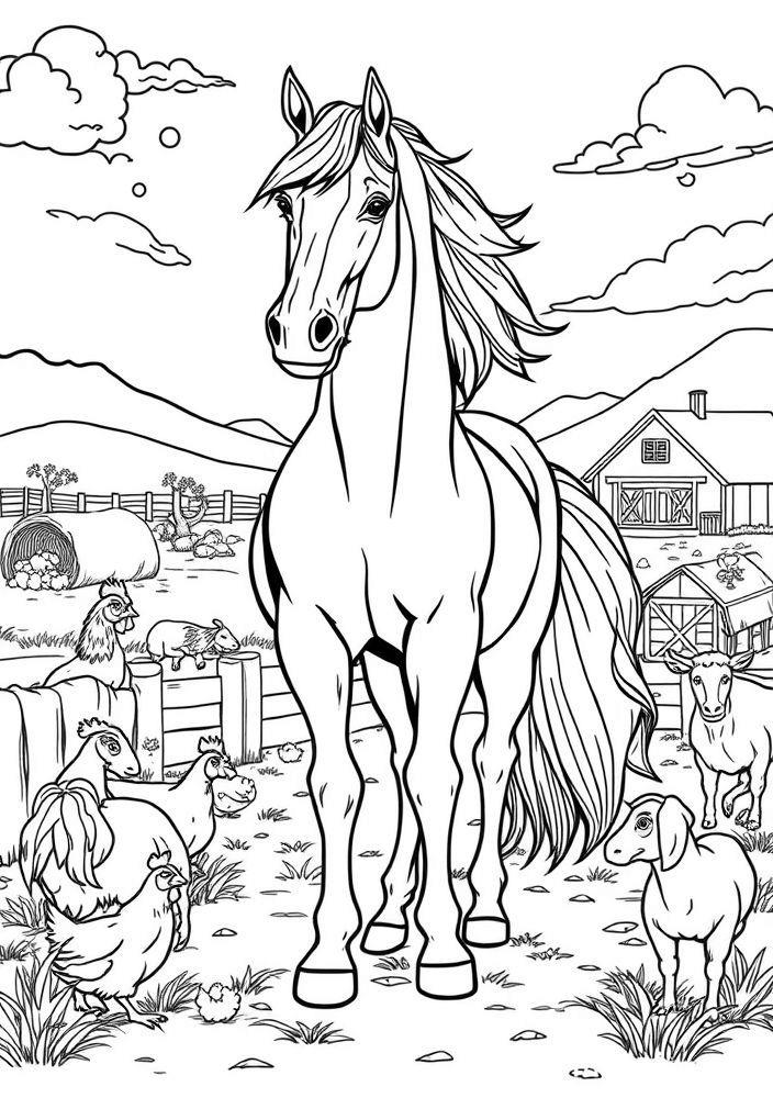 Cavalo na Fazenda com Animais para colorir