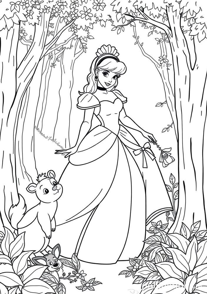 Cinderela com seus animais amigos na floresta para colorir