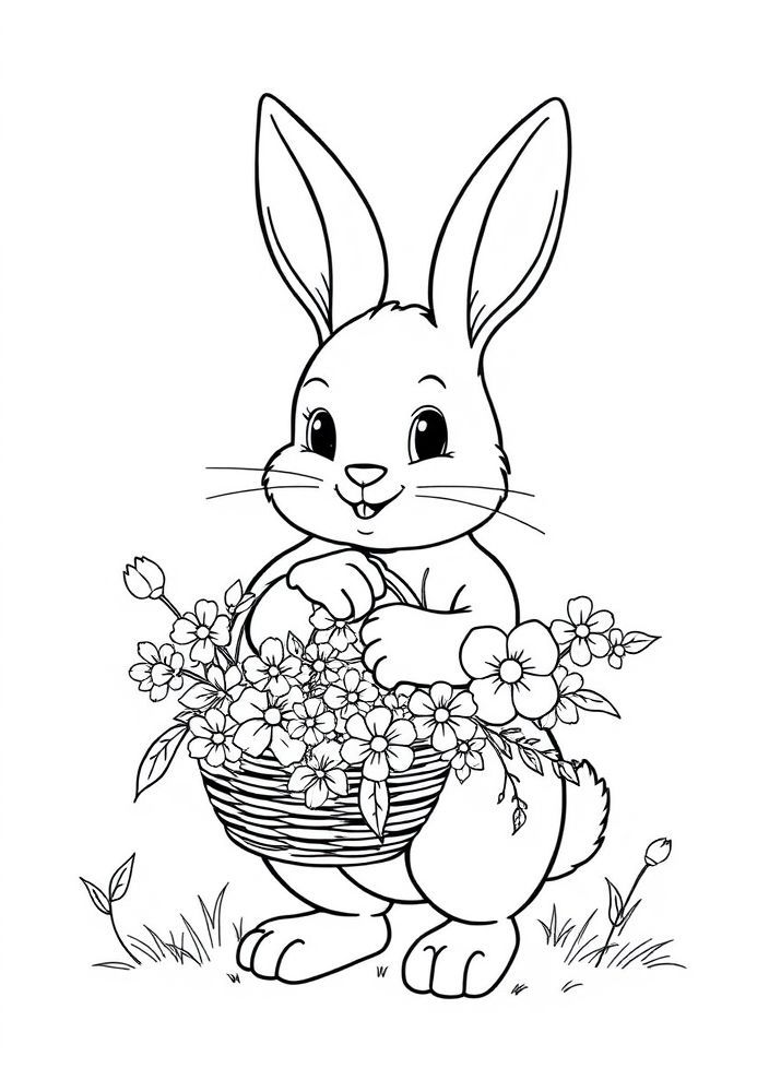 Coelho com uma cesta de flores para colorir