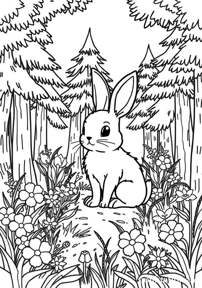 Coelho na floresta com árvores para colorir