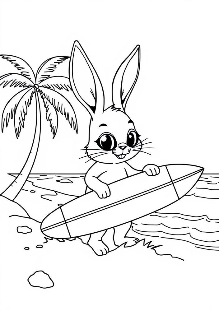 Coelho surfista na praia para colorir