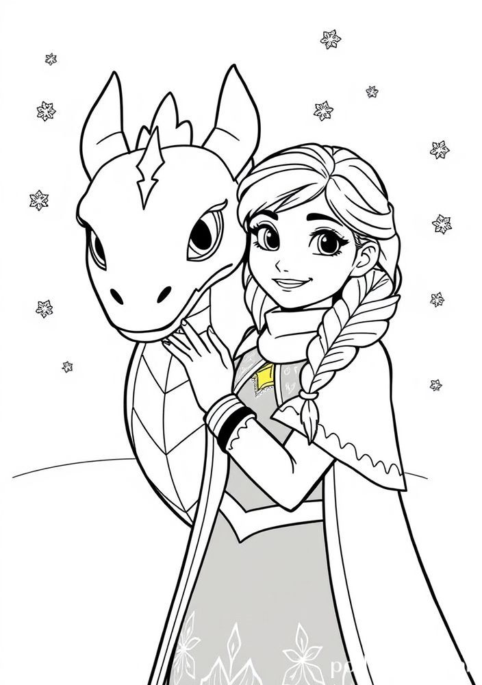 Desenho da Anna com um dragão de neve para colorir