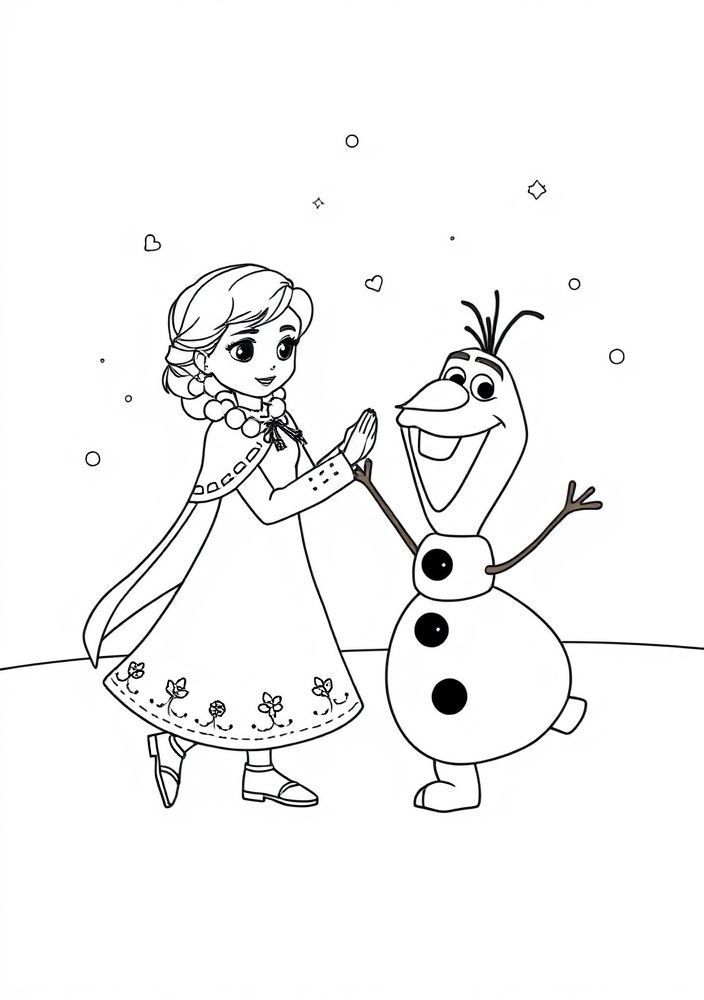 Desenho da Anna dançando com o Olaf na neve para colorir