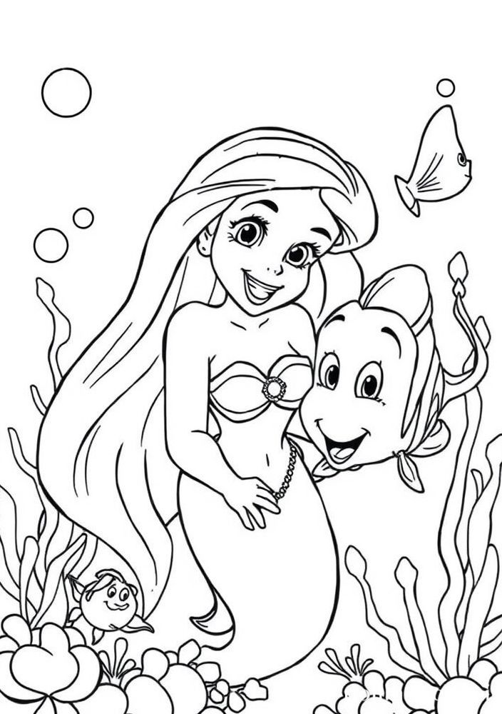 Desenho da Ariel com Flounder e Sebastião para colorir