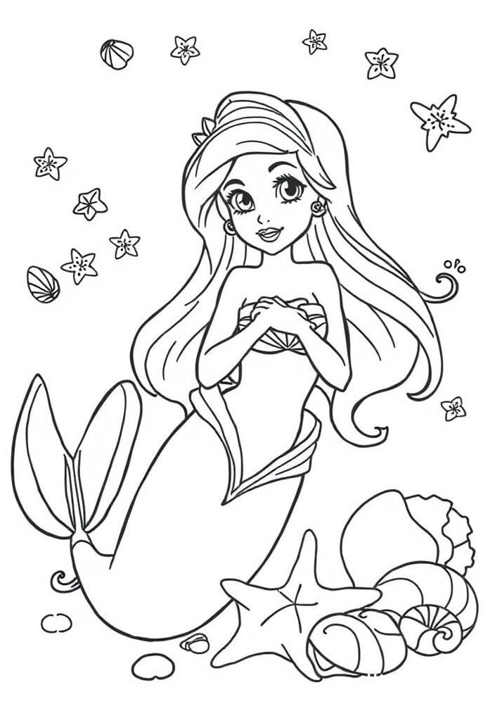 Desenho da Ariel com estrelas do mar e conchas para colorir