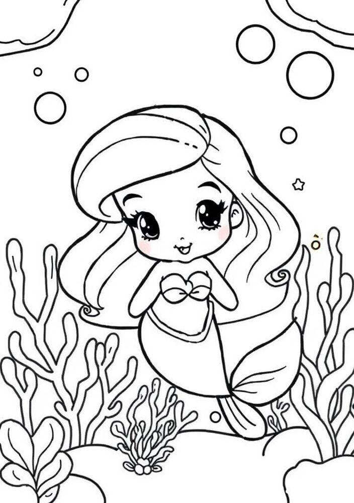 Desenho da Ariel com fundo do mar para colorir