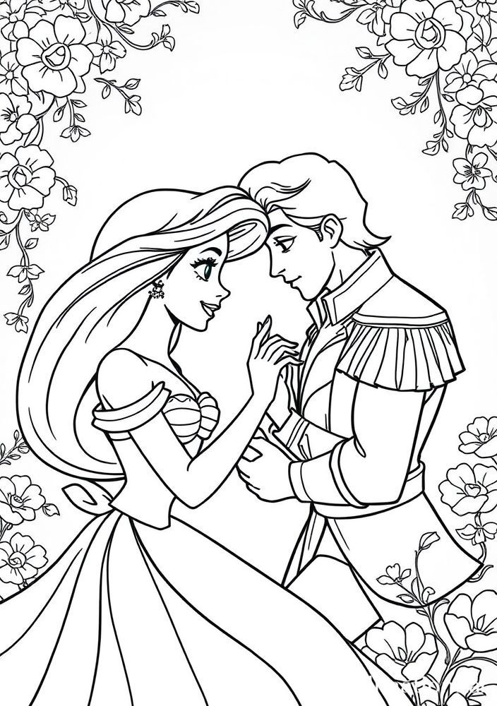 Desenho da Ariel com príncipes encantados para colorir