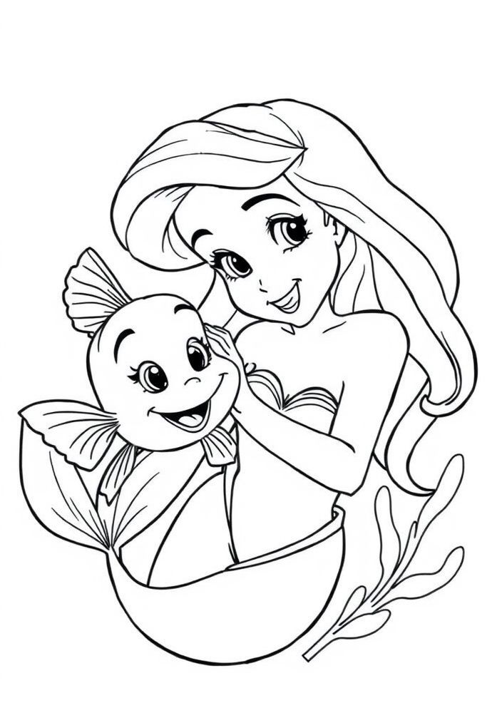 Desenho da Ariel com seu amigo Linguado para colorir