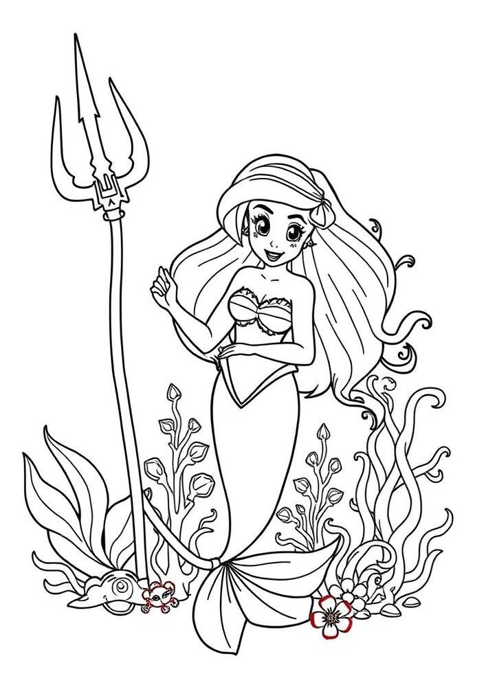 Desenho da Ariel com seu tridente e amigos do mar para colorir