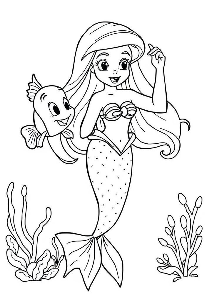 Desenho da Ariel dançando com Flounder para colorir