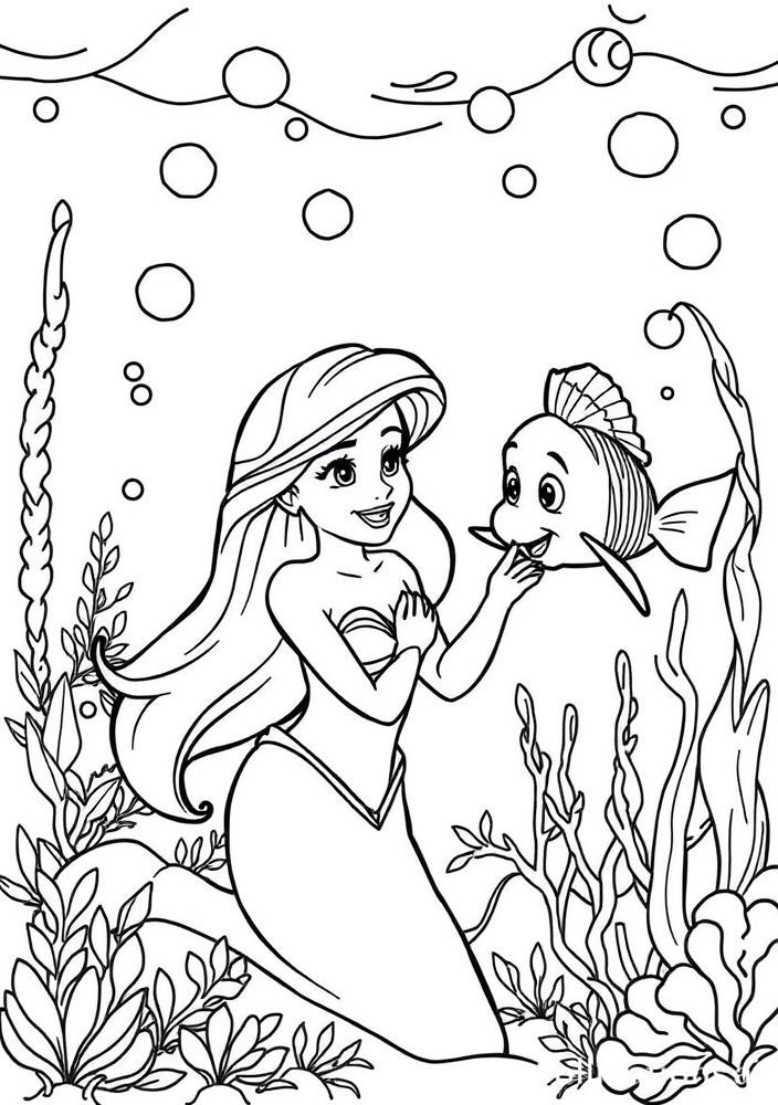 Desenho da Ariel e seu amigo Linguado para colorir