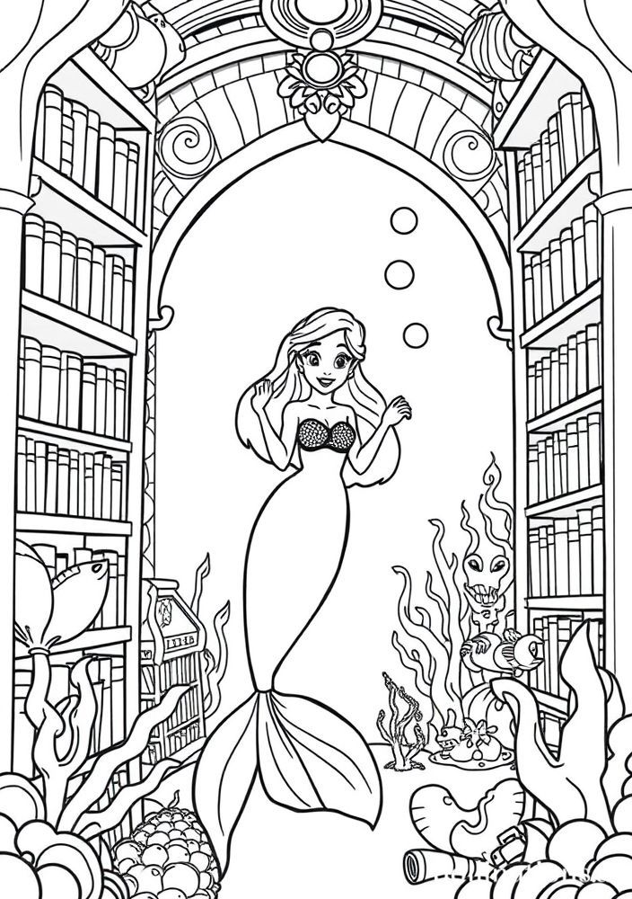 Desenho da Ariel em sua biblioteca submarina para colorir