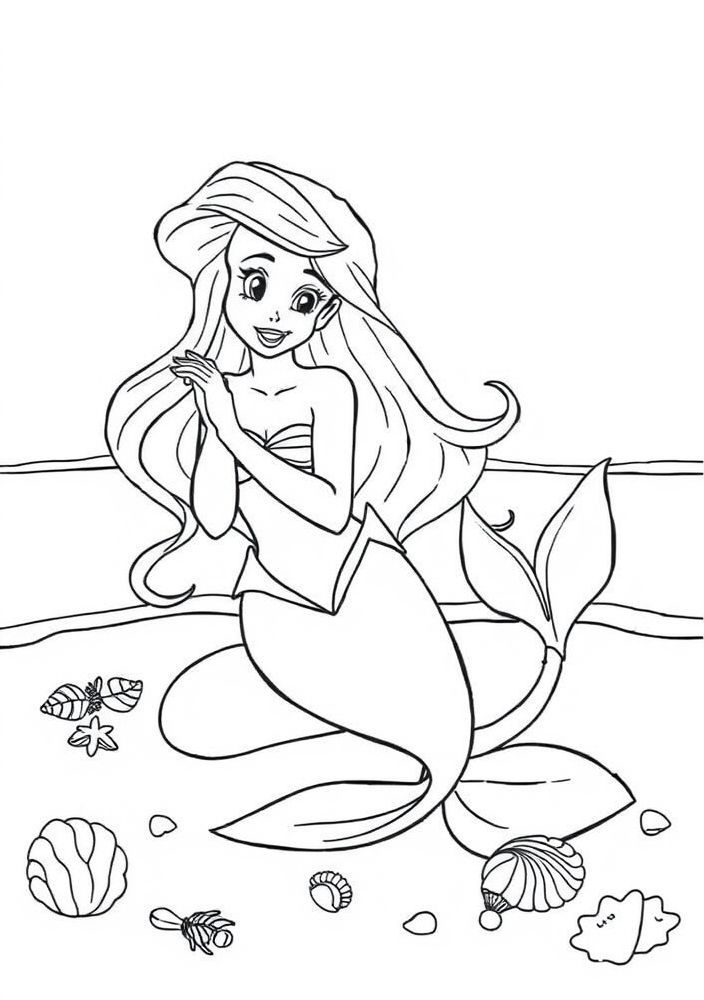 Desenho da Ariel em sua forma humana na praia com conchas para colorir