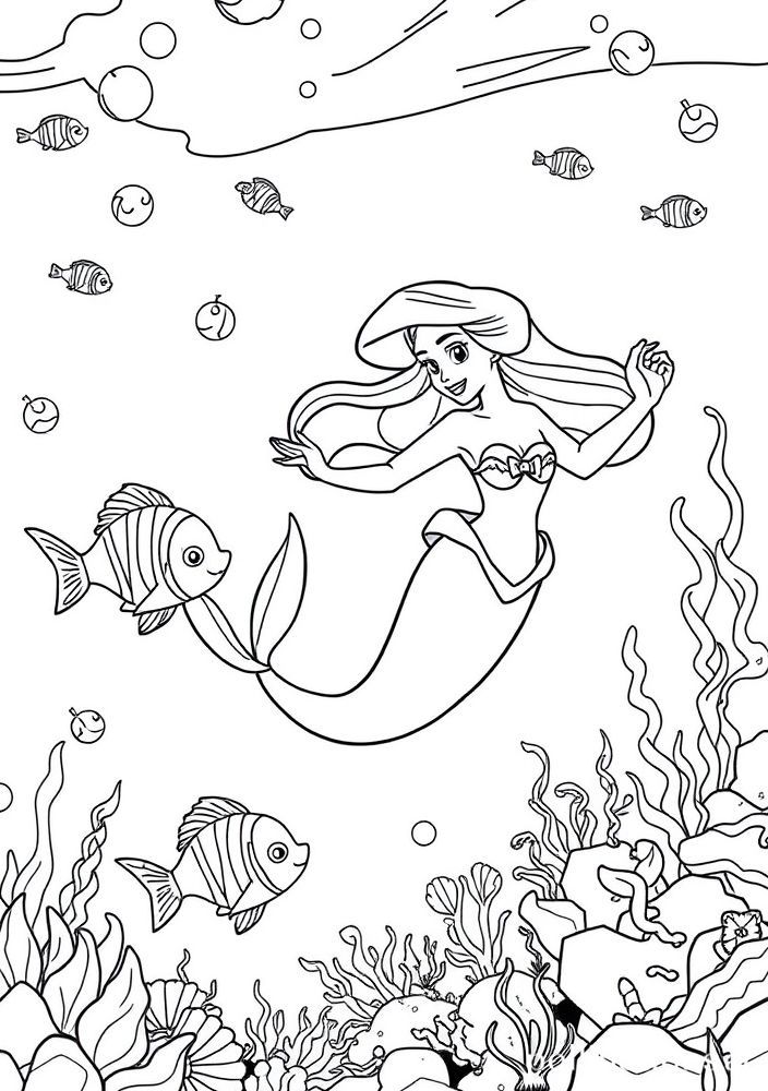 Desenho da Ariel nadando no oceano para colorir