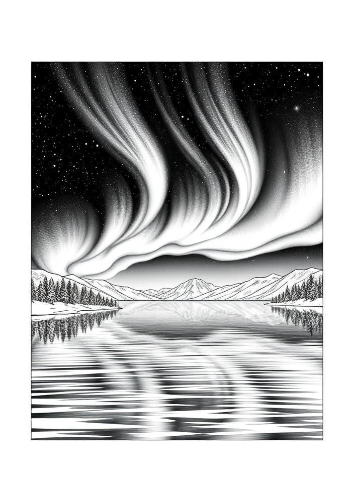 Desenho da Aurora Boreal sobre uma Lagoa para colorir