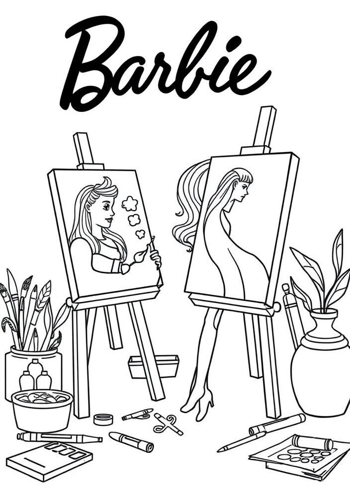Desenho da Barbie como uma artista para colorir