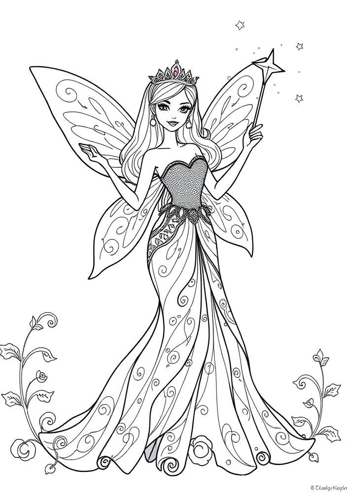 Desenho da Barbie como uma princesa do mundo das fadas para colorir