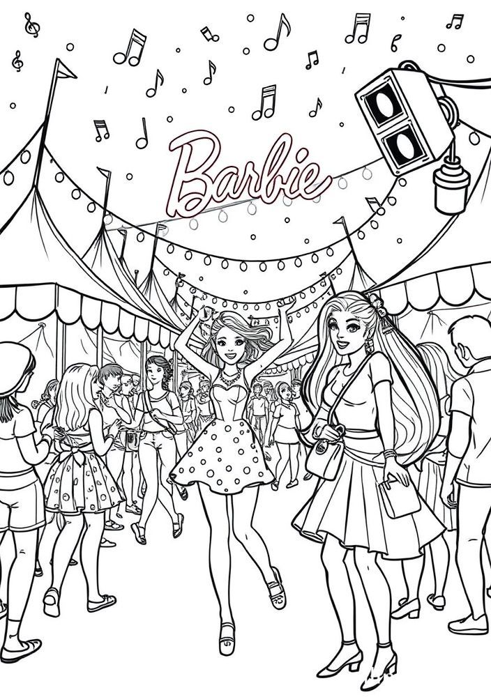Desenho da Barbie em um festival de música para colorir