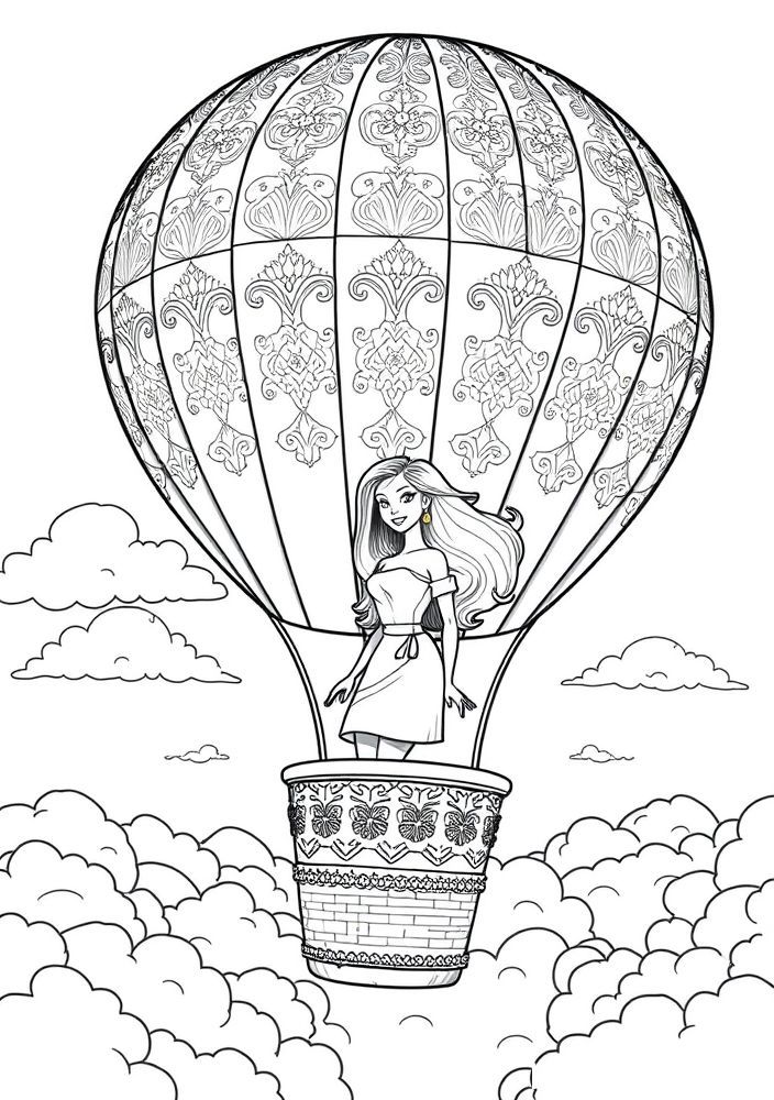 Desenho da Barbie em um passeio de balão para colorir