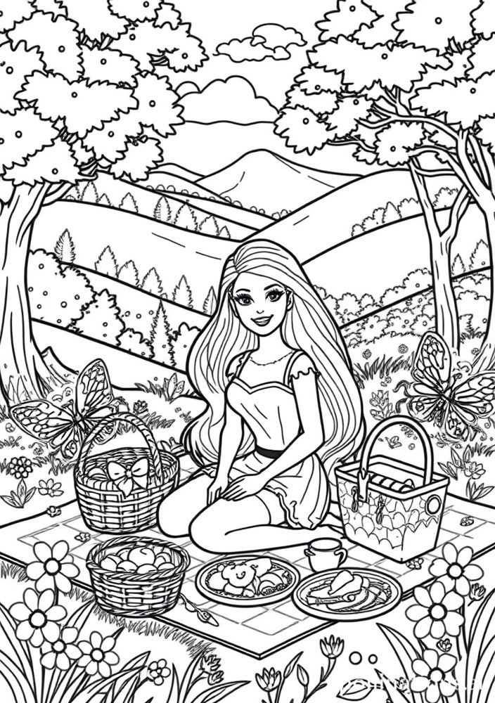 Desenho da Barbie em um picnic para colorir