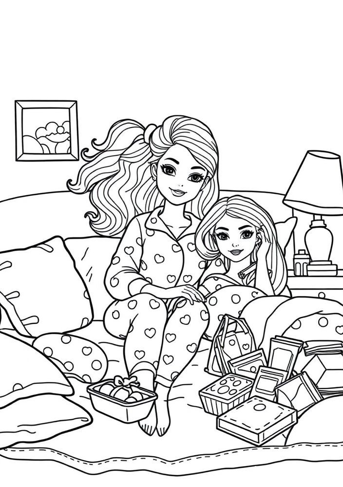Desenho da Barbie em uma festa do pijama para colorir