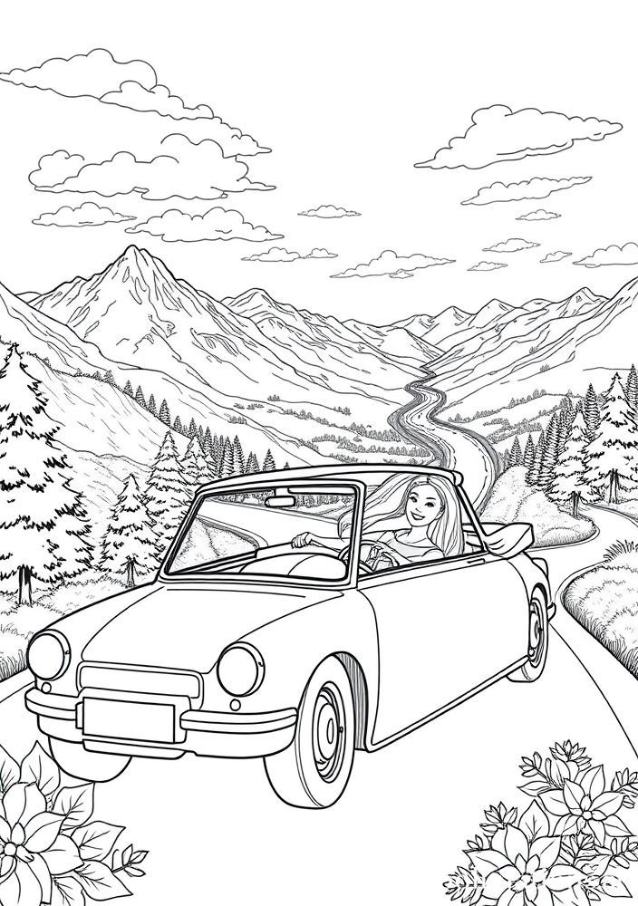 Desenho da Barbie em uma viagem de carro para colorir