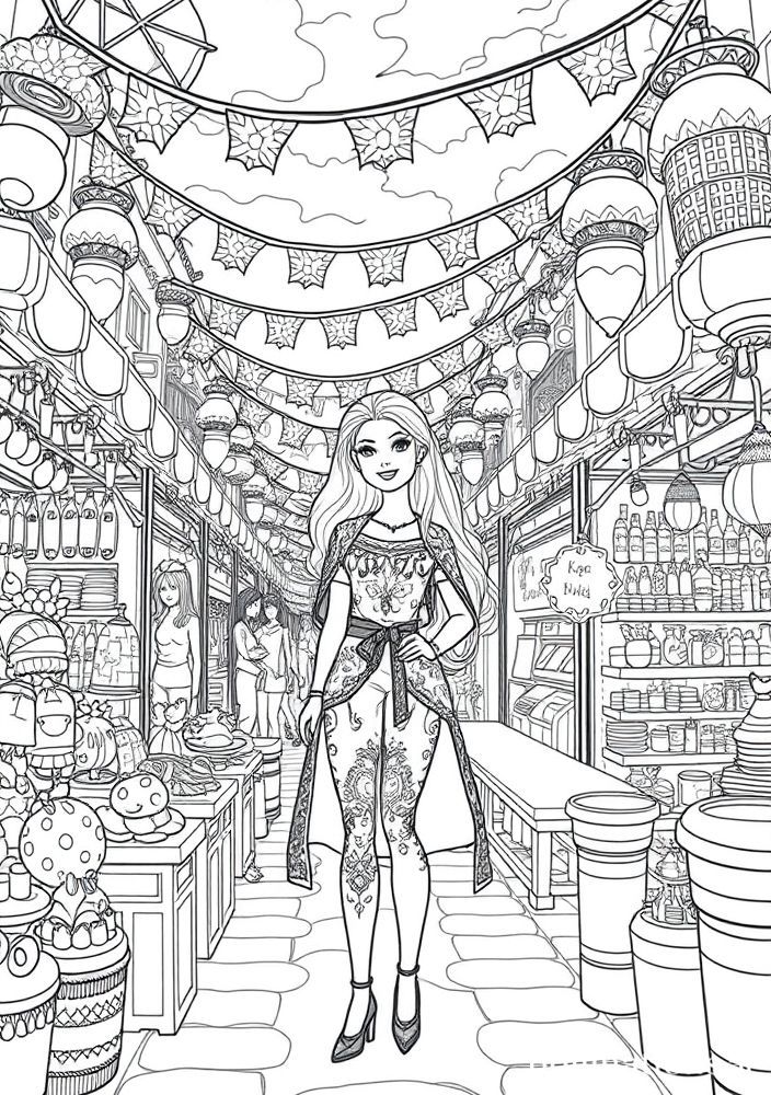 Desenho da Barbie no Mercado dos Sonhos para colorir