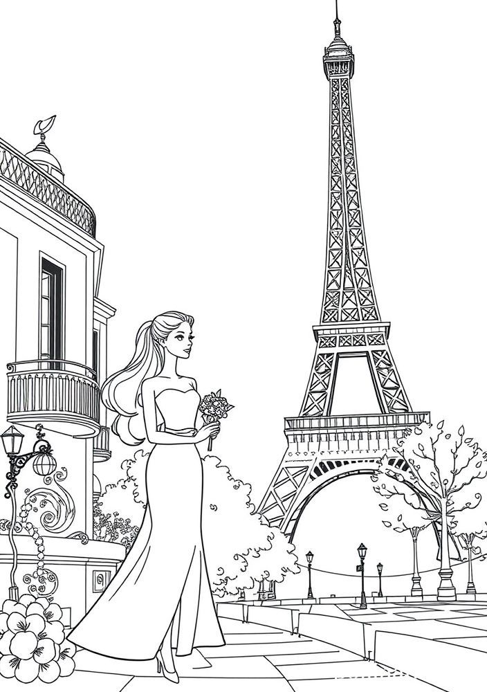 Desenho da Barbie viajando por Paris para colorir