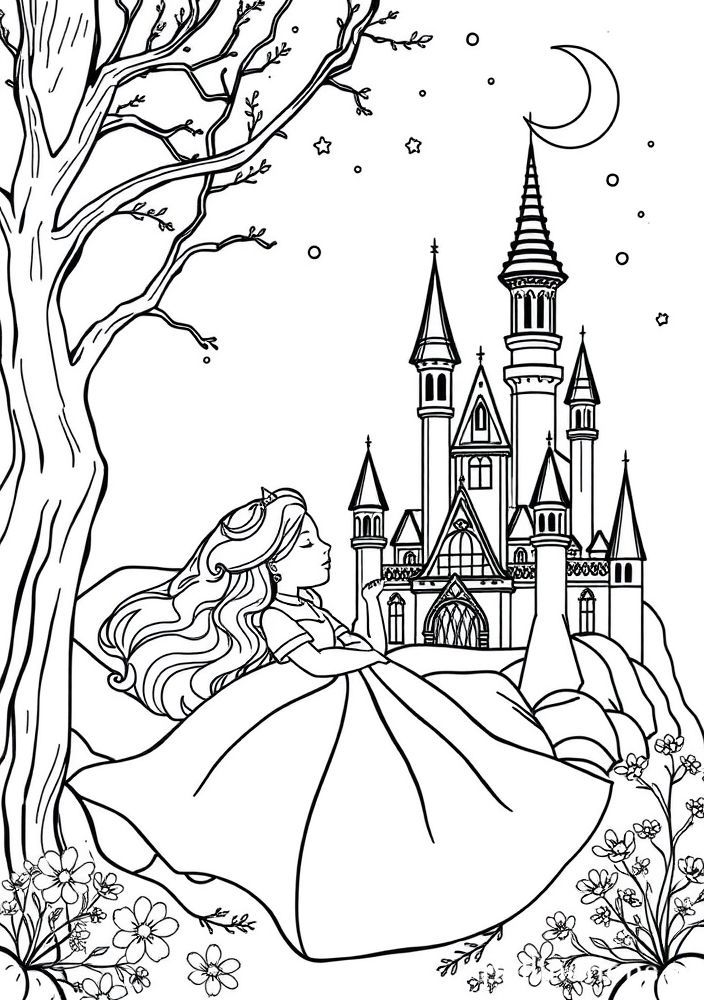 Desenho da Bela Adormecida com o seu castelo para colorir