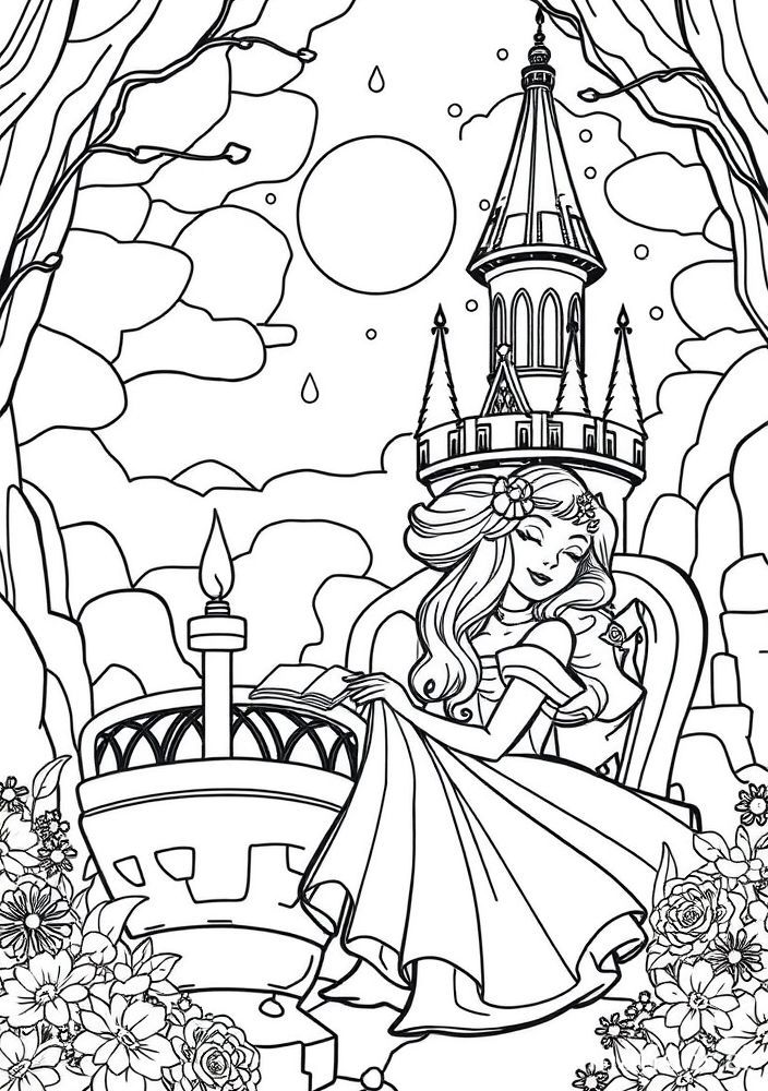 Desenho da Bela Adormecida em seu castelo para colorir