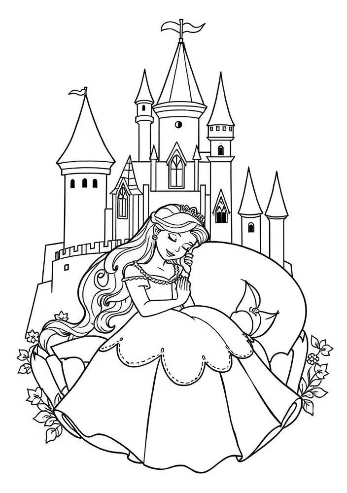 Desenho da Bela Adormecida em seu vestido rosa para colorir