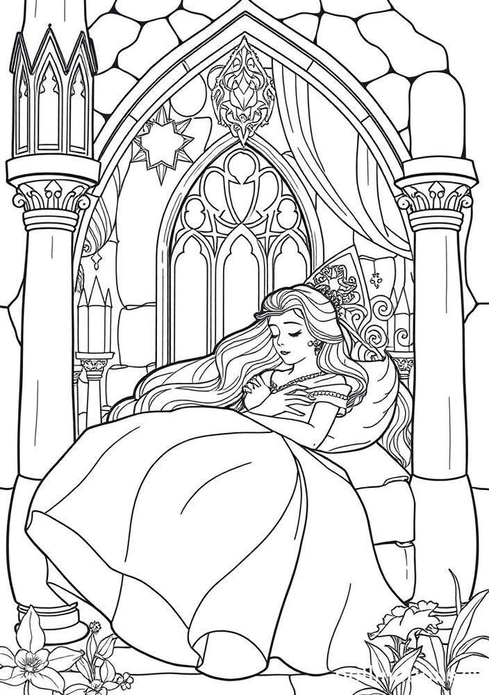 Desenho da Bela adormecida em seu castelo para colorir