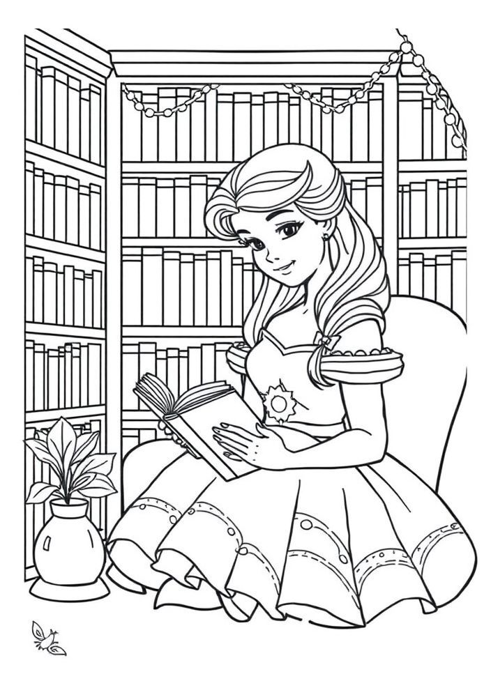 Desenho da Bela com o livro em sua biblioteca para colorir
