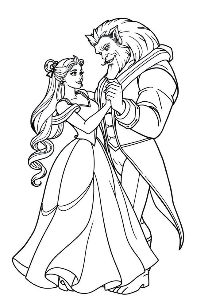 Desenho da Bela e a Fera dançando para colorir