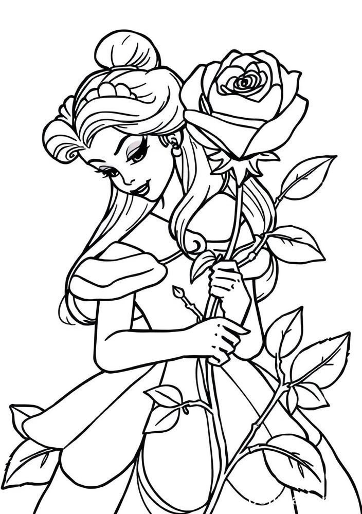Desenho da Belle com a Rosa Encantada para colorir