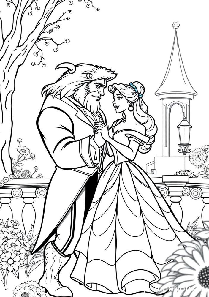 Desenho da Belle e a Fera dançando no salão para colorir