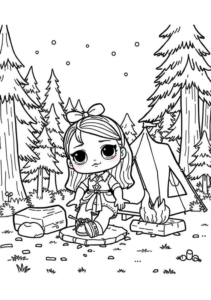Desenho da Boneca LOL Surprise em um Acampamento para Colorir